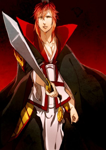 Anime picture 709x1000 with magi the labyrinth of magic a-1 pictures ren kouen amane0623 single tall image looking at viewer short hair simple background red eyes red hair red background fighting stance boy weapon sword cape beard