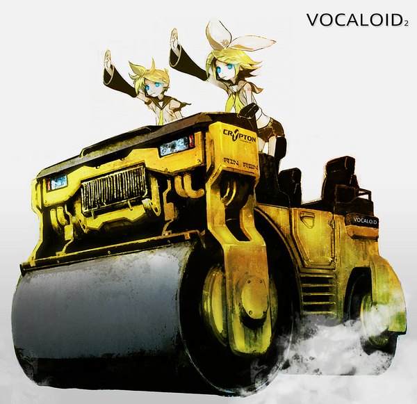 Anime picture 1031x1000 with vocaloid kagamine rin kagamine len huke short hair blue eyes blonde hair white background twins girl boy bow hair bow detached sleeves shorts ground vehicle car steamroller