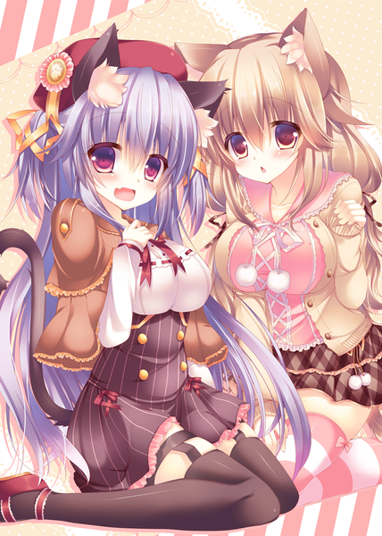 Anime picture 820x1150 with original suzunone rena long hair tall image blush open mouth red eyes brown hair multiple girls brown eyes animal ears blue hair tail animal tail cat ears cat girl cat tail girl thighhighs dress
