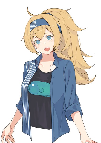 Anime picture 706x1000 with kantai collection lawson gambier bay (kantai collection) ichiroku (sakumogu-029) single long hair tall image open mouth blue eyes simple background blonde hair white background upper body ahoge ponytail head tilt open shirt animal print twisty sleeves fish print