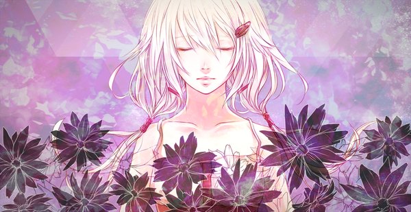Anime picture 1188x612 with guilty crown production i.g yuzuriha inori yoma (pixiv) single long hair wide image pink hair upper body eyes closed girl hair ornament flower (flowers) hairclip