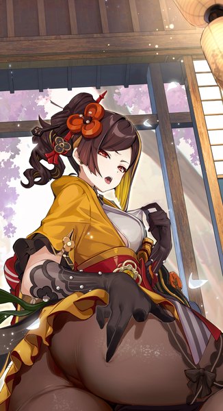 Anime picture 3473x6386 with genshin impact chiori (genshin impact) kikimi single tall image looking at viewer fringe highres short hair breasts open mouth light erotic red eyes brown hair absurdres ass traditional clothes japanese clothes looking back multicolored hair