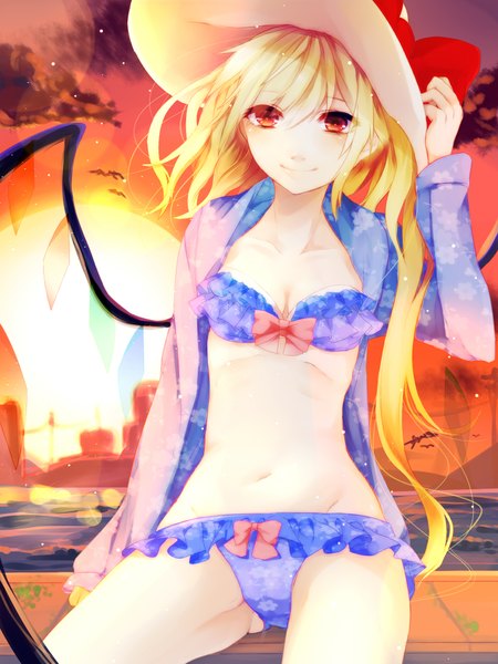 Anime picture 1500x2000 with touhou flandre scarlet renkarua single long hair tall image blush short hair light erotic blonde hair smile red eyes sitting sky one side up evening sunset girl swimsuit hat