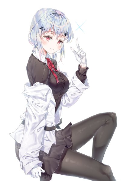 Anime picture 630x900 with virtual youtuber nijisanji hakase fuyuki qlakwnd single long hair tall image looking at viewer blush fringe breasts simple background smile red eyes white background sitting silver hair bent knee (knees) long sleeves pleated skirt