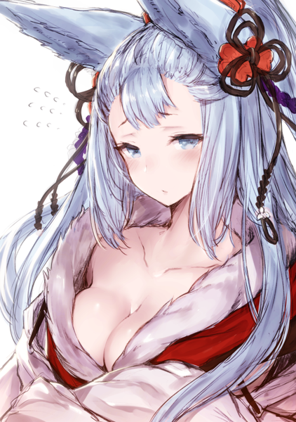 Anime picture 563x800 with granblue fantasy socie (granblue fantasy) inayama single long hair tall image blush fringe breasts blue eyes light erotic simple background large breasts white background animal ears payot looking away cleavage silver hair upper body