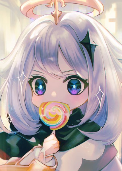 Anime picture 2591x3624 with genshin impact paimon (genshin impact) fuyuumikou single long hair tall image highres purple eyes silver hair upper body eating girl food sweets halo candy lollipop