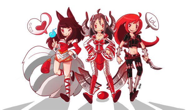 Anime picture 1215x717 with league of legends ahri (league of legends) katarina (league of legends) irelia (league of legends) black hair smile wide image multiple girls animal ears red hair one eye closed wink fox ears scar chibi multiple tails no pupils girl dress navel