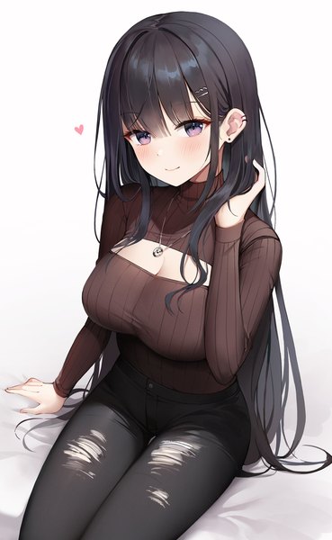 Anime-Bild 1538x2500 mit original jehyun single long hair tall image fringe breasts black hair simple background large breasts white background sitting purple eyes cleavage long sleeves head tilt arm up light smile arm support piercing
