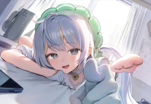Anime picture 2376x1647 with virtual youtuber s bokdong single long hair looking at viewer highres open mouth smile ahoge indoors lying :d grey hair grey eyes puffy sleeves on stomach backlighting pointing at viewer girl gloves