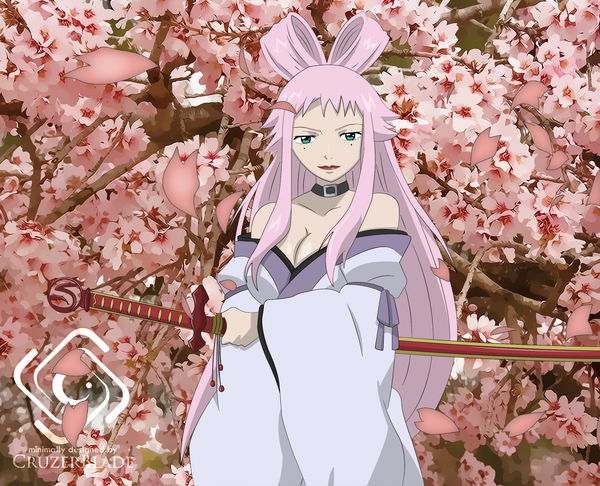 Anime picture 1598x1296 with fairy tail ikaruga (fairy tail) cruzerblade single long hair bare shoulders green eyes pink hair japanese clothes light smile lipstick coloring cherry blossoms girl weapon plant (plants) petals sword tree (trees) kimono