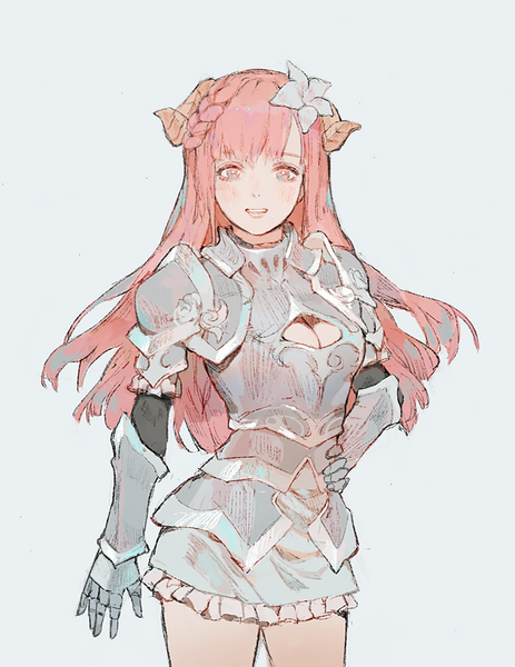 Anime picture 681x883 with original yueko (jiayue wu) single long hair tall image looking at viewer blush fringe open mouth simple background pink hair cleavage pink eyes hair flower horn (horns) hand on hip girl flower (flowers) armor gauntlets