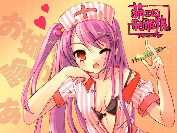 Anime picture 1280x960 with itou noiji long hair light erotic red eyes purple hair one eye closed wink open clothes teeth fang (fangs) open shirt striped nurse hair ornament lingerie bra heart black bra hair tie hair bobbles