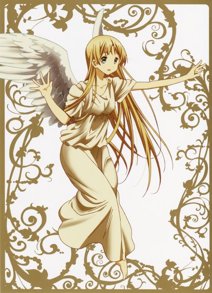 Anime picture 3148x4341 with chuunibyou demo koi ga shitai! kyoto animation dekomori sanae tagme (artist) single tall image looking at viewer highres blue eyes blonde hair absurdres very long hair traditional clothes barefoot flying angel wings white wings angel girl wings