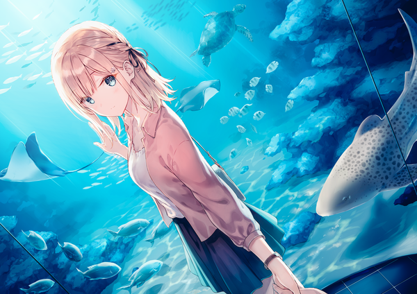 Anime picture 2000x1414 with original hiten (hitenkei) long hair looking at viewer blush fringe highres blue eyes blonde hair standing payot indoors blunt bangs braid (braids) light smile open jacket turning head holding hands solo focus pov