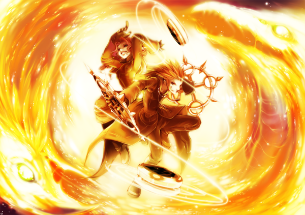 Anime picture 1275x900 with original shirotsuki long hair smile red hair orange hair couple magic girl boy weapon fire