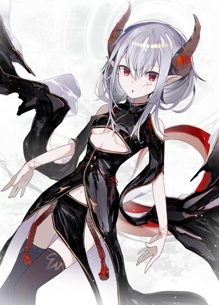 Anime picture 1000x1390 with original melusine (ibuki notsu) kusakanmuri single long hair tall image looking at viewer fringe breasts open mouth light erotic simple background hair between eyes red eyes standing bare shoulders payot silver hair tail horn (horns)