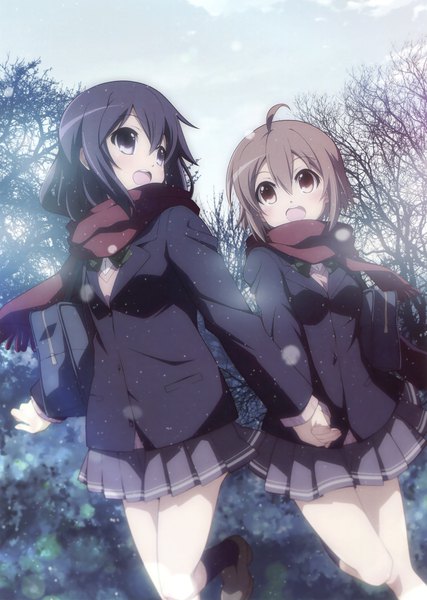 Anime picture 2494x3500 with original izumi bell tall image blush fringe highres short hair open mouth black hair hair between eyes brown hair purple eyes multiple girls brown eyes ahoge outdoors scan dutch angle holding hands snowing