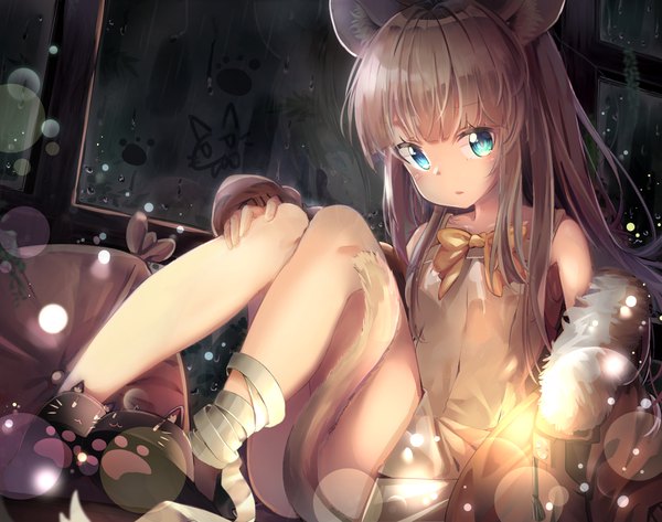 Anime picture 3800x3000 with original animal ears (artist) single long hair looking at viewer blush fringe highres blue eyes sitting bare shoulders animal ears absurdres full body bent knee (knees) tail blunt bangs parted lips head tilt animal tail