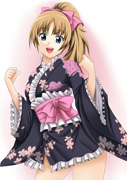 Anime picture 800x1131 with original fuuma nagi single long hair tall image looking at viewer open mouth blue eyes brown hair ponytail traditional clothes japanese clothes girl frills kimono obi