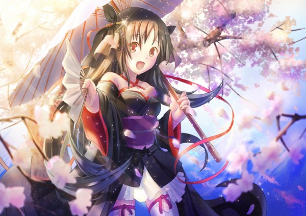 Anime picture 1086x768 with machine-doll wa kizutsukanai yaya (machine-doll) qian wu atai single long hair looking at viewer open mouth black hair red eyes traditional clothes japanese clothes cherry blossoms girl bow plant (plants) hair bow petals tree (trees) kimono umbrella