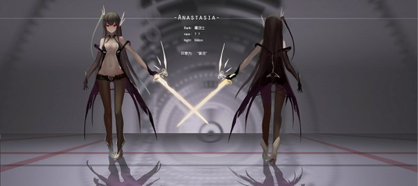 Anime picture 2413x1080 with original pixiv fantasia pixiv fantasia revenge of the darkness anastasia (rotd) wangchuan de quanyan single long hair looking at viewer highres breasts light erotic black hair red eyes wide image standing holding from behind shadow character names glowing weapon