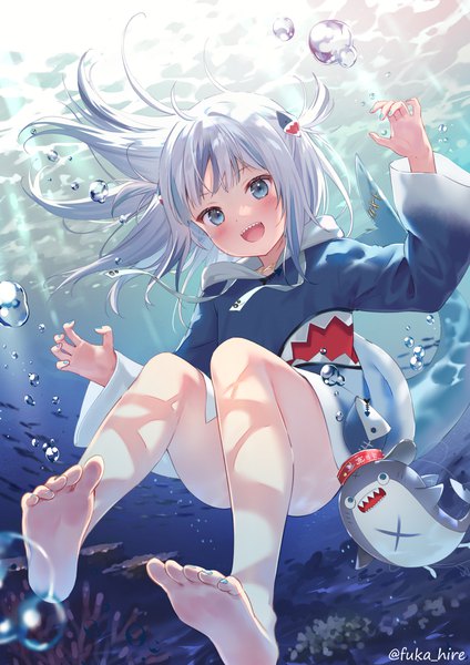 Anime picture 848x1200 with virtual youtuber hololive hololive english gawr gura gawr gura (1st costume) bloop (gawr gura) fukahire (ruinon) single long hair tall image blush open mouth blue eyes light erotic signed silver hair full body :d multicolored hair barefoot