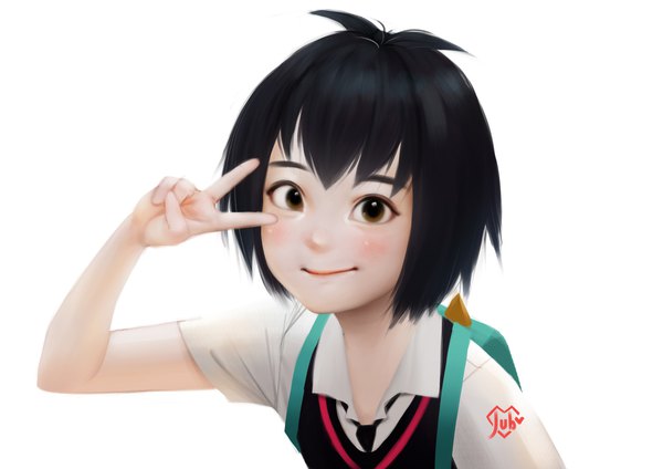Anime picture 1920x1357 with marvel comics spider-man (series) spider-man: into the spider-verse peni parker jubi (regiana) single looking at viewer fringe highres short hair black hair simple background smile white background brown eyes signed victory face girl uniform