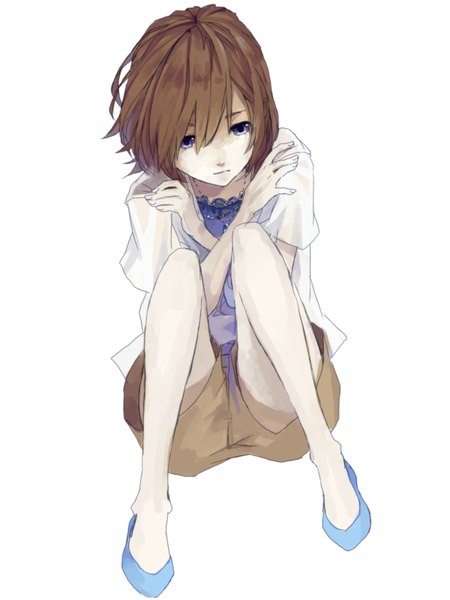 Anime picture 1200x1600 with original shutane single tall image short hair simple background brown hair white background sitting purple eyes looking down crossed arms squat girl shorts pendant