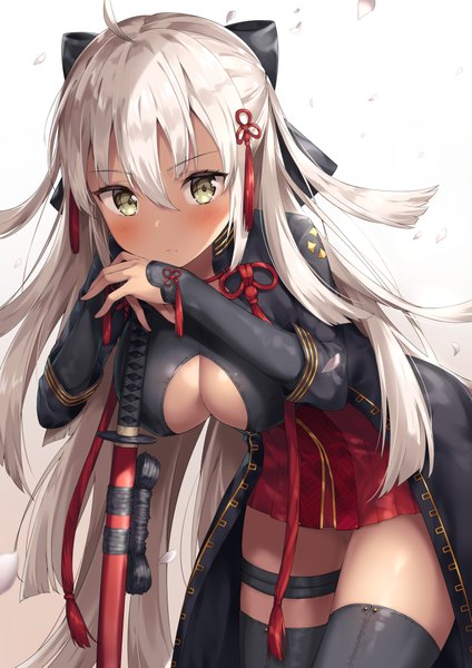 Anime picture 2894x4093 with fate (series) fate/grand order okita souji (fate) (all) okita souji alter (fate) ale nqki single long hair tall image looking at viewer blush fringe highres breasts light erotic simple background hair between eyes large breasts standing holding yellow eyes