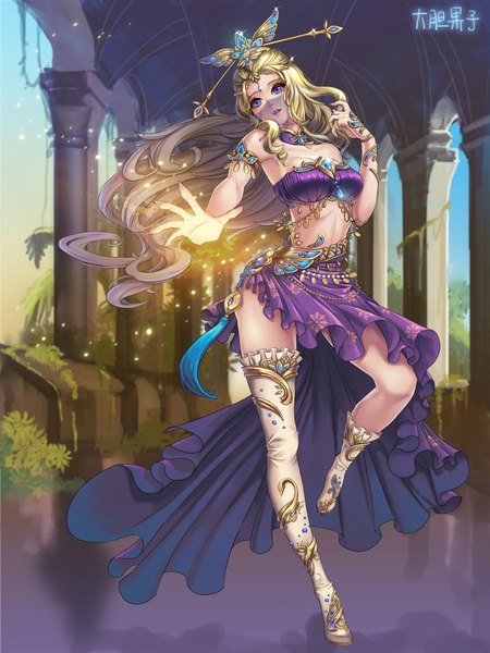 Anime picture 1536x2048 with original guozi li single long hair tall image breasts blonde hair purple eyes bent knee (knees) traditional clothes parted lips lips sleeveless standing on one leg girl skirt hair ornament arabian clothes