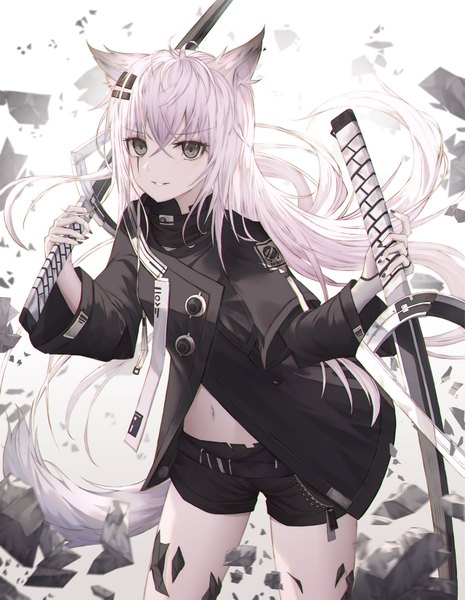 Anime picture 1280x1651 with arknights lappland (arknights) herb (artist) single long hair tall image looking at viewer simple background standing white background holding animal ears ahoge white hair tail nail polish animal tail fingernails light smile grey eyes