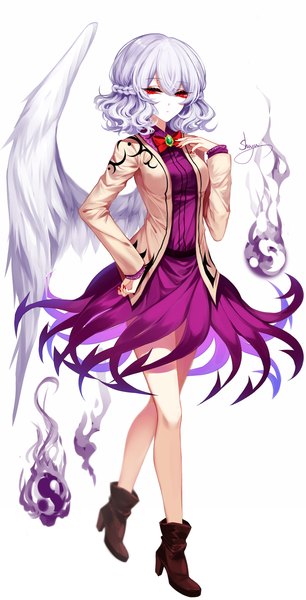 Anime picture 2040x4000 with touhou kishin sagume sheya single tall image fringe highres short hair simple background hair between eyes red eyes white background signed full body white hair braid (braids) long sleeves hand on hip walking single wing