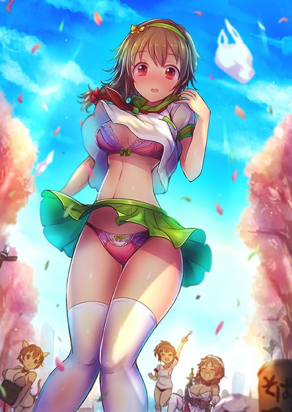 Anime picture 600x847 with idolmaster idolmaster cinderella girls senkawa chihiro kara (color) long hair tall image looking at viewer fringe breasts open mouth light erotic red eyes brown hair large breasts multiple girls holding animal ears bent knee (knees) tail animal tail