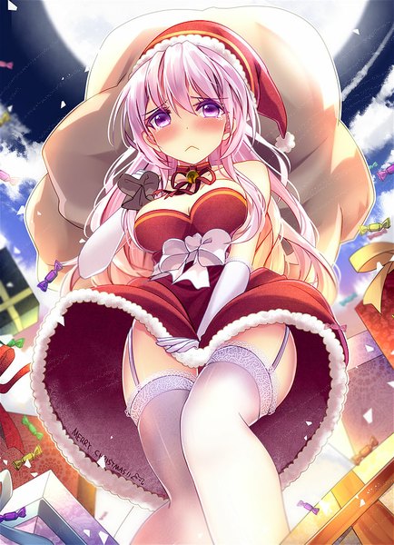 Anime picture 800x1105 with original bison cangshu single long hair tall image blush purple eyes pink hair fur trim christmas merry christmas girl thighhighs dress gloves white thighhighs elbow gloves food sweets fur