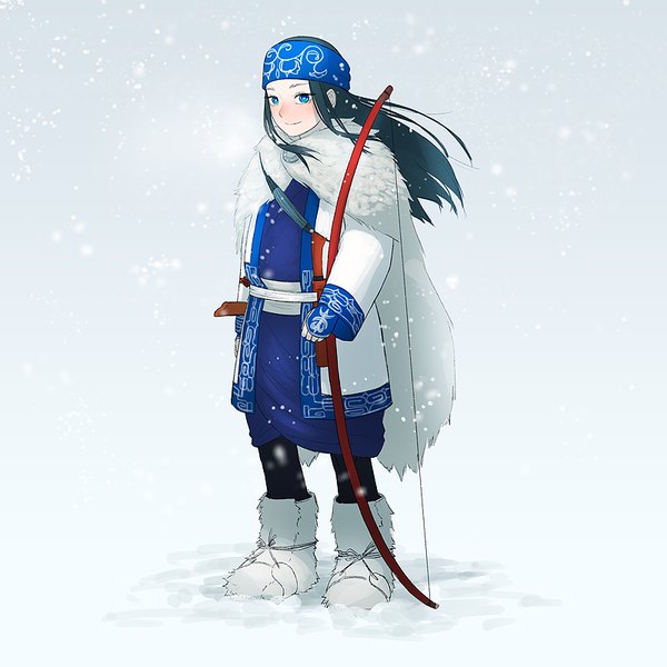 Anime picture 800x800 with golden kamuy asirpa yue (tada no saboten) single long hair blush blue eyes black hair standing full body traditional clothes light smile wind snowing winter snow ainu clothes girl weapon hairband