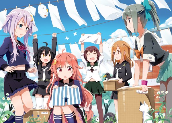 Anime picture 1390x1000 with kantai collection yuubari light cruiser uzuki destroyer yayoi destroyer mutsuki destroyer mikazuki destroyer mochizuki destroyer gotyou long hair short hair open mouth blue eyes black hair brown hair multiple girls holding brown eyes looking away sky purple hair