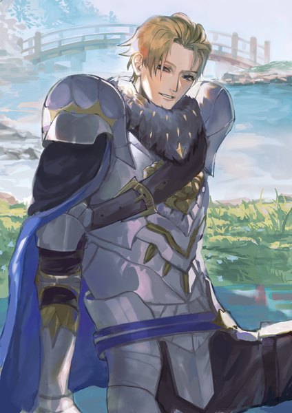 Anime picture 2480x3508 with fire emblem fire emblem: three houses fire emblem warriors: three hopes nintendo dimitri alexandre blaiddyd osk single tall image looking at viewer highres short hair blue eyes blonde hair smile sitting outdoors parted lips lake boy armor