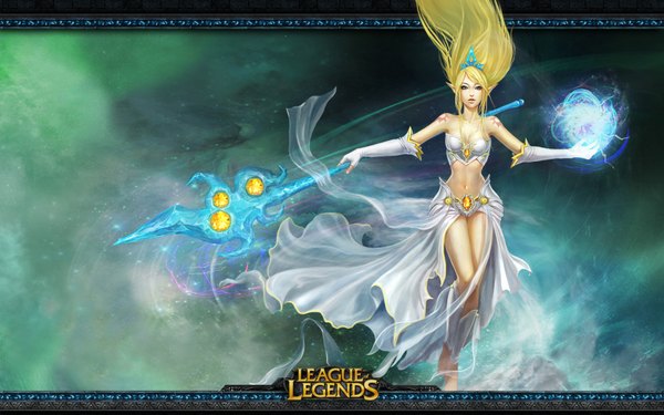Anime picture 1680x1050 with league of legends janna windforce single long hair blonde hair wide image pointy ears midriff tattoo magic girl dress gloves navel white dress staff tiara