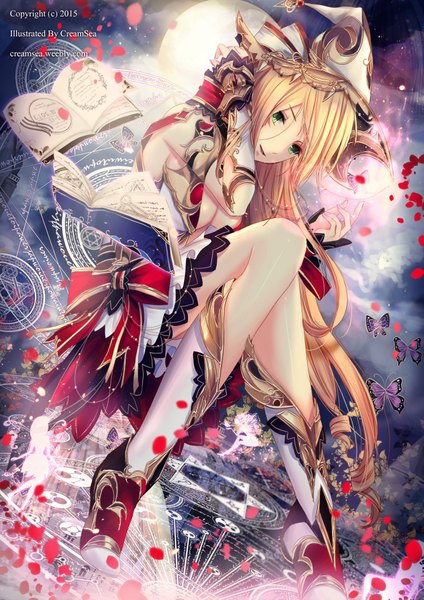 Anime picture 724x1024 with original creamsea single long hair tall image looking at viewer fringe breasts light erotic blonde hair hair between eyes bare shoulders green eyes signed bent knee (knees) parted lips light smile leaning leaning forward magic