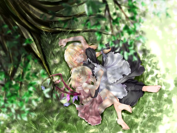 Anime picture 1600x1200 with touhou flandre scarlet kirisame marisa highres blonde hair wallpaper sleeping girl wings