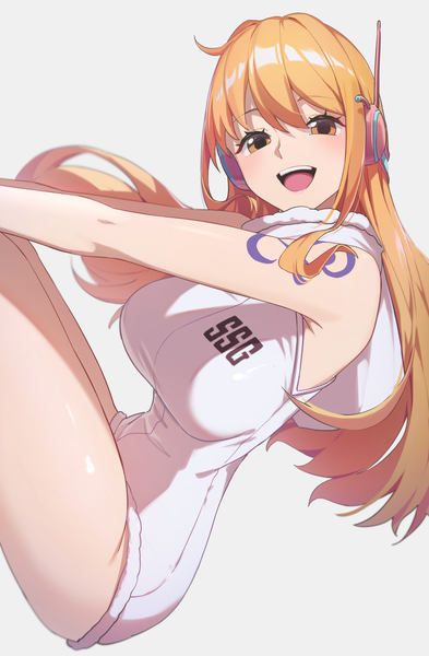 Anime picture 1509x2305 with one piece toei animation nami (one piece) reulem single long hair tall image looking at viewer fringe open mouth light erotic simple background hair between eyes :d orange hair grey background orange eyes tattoo sleeveless girl
