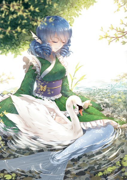 Anime picture 2480x3507 with touhou wakasagihime 3000 xiao chun single tall image fringe highres short hair smile sitting blue hair full body outdoors eyes closed traditional clothes japanese clothes wide sleeves partially submerged drill hair monster girl