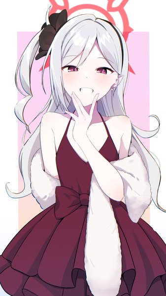Anime picture 1350x2400 with blue archive mutsuki (blue archive) mutsuki (dress) (blue archive) cac itinose single long hair tall image looking at viewer smile purple eyes silver hair pointy ears grin one side up official alternate costume border outside border girl dress halo