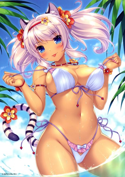 Anime picture 5636x8000 with original sayori single long hair tall image looking at viewer blush highres breasts blue eyes light erotic twintails animal ears absurdres white hair tail animal tail scan midriff :p