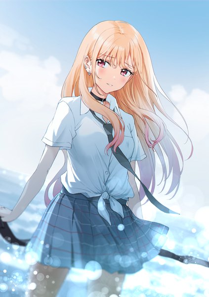 Anime picture 2038x2894 with sono bisque doll wa koi wo suru cloverworks kitagawa marin nonbire single long hair tall image blush fringe highres blonde hair smile standing payot looking away sky cloud (clouds) outdoors pleated skirt pink eyes