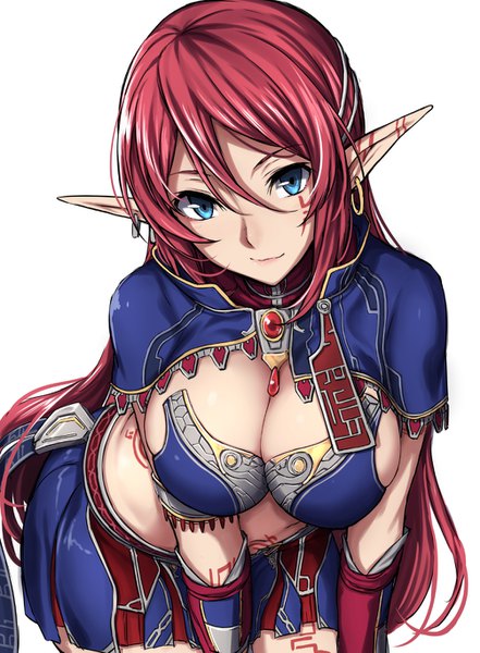 イラスト 1004x1367 と スターオーシャン star ocean the last hope ミュリア 凪丘 ソロ 長髪 長身像 カメラ目線 赤面 前髪 おっぱい 青い目 light erotic simple background hair between eyes 大きな乳房 白背景 cleavage 赤髪 light smile