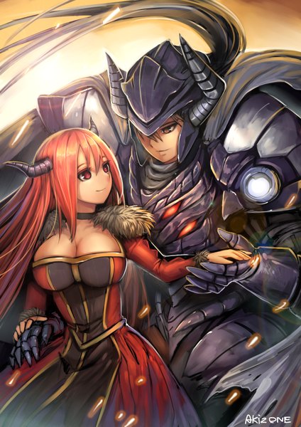 Anime picture 2480x3507 with maoyuu maou yuusha arms corporation maou (maoyuu) akizone long hair tall image highres breasts black hair red eyes large breasts brown eyes signed red hair horn (horns) girl dress boy armor