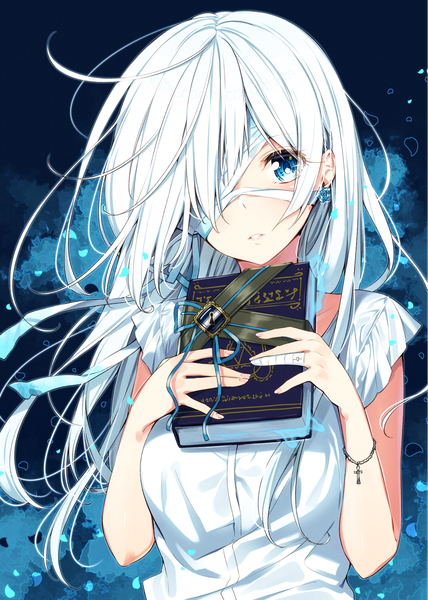 Anime picture 1191x1670 with original sakuragi ren single long hair tall image looking at viewer blush fringe blue eyes holding upper body white hair parted lips fingernails hair over one eye bandage over one eye girl earrings petals bracelet