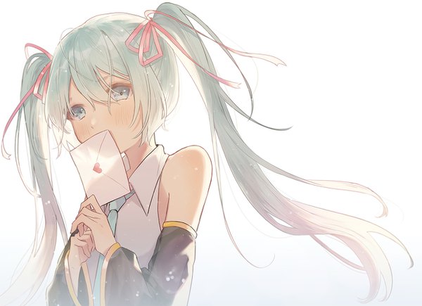 Anime picture 1239x900 with vocaloid hatsune miku necojishi single long hair looking at viewer blush fringe simple background hair between eyes white background twintails upper body aqua eyes aqua hair covered mouth girl ribbon (ribbons) hair ribbon detached sleeves