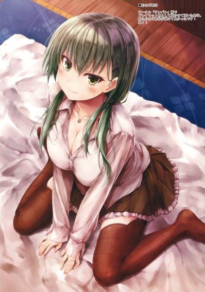 Anime picture 2386x3393 with kantai collection suzuya heavy cruiser suien single long hair tall image looking at viewer blush highres breasts light erotic sitting brown eyes cleavage green hair scan wariza girl thighhighs skirt